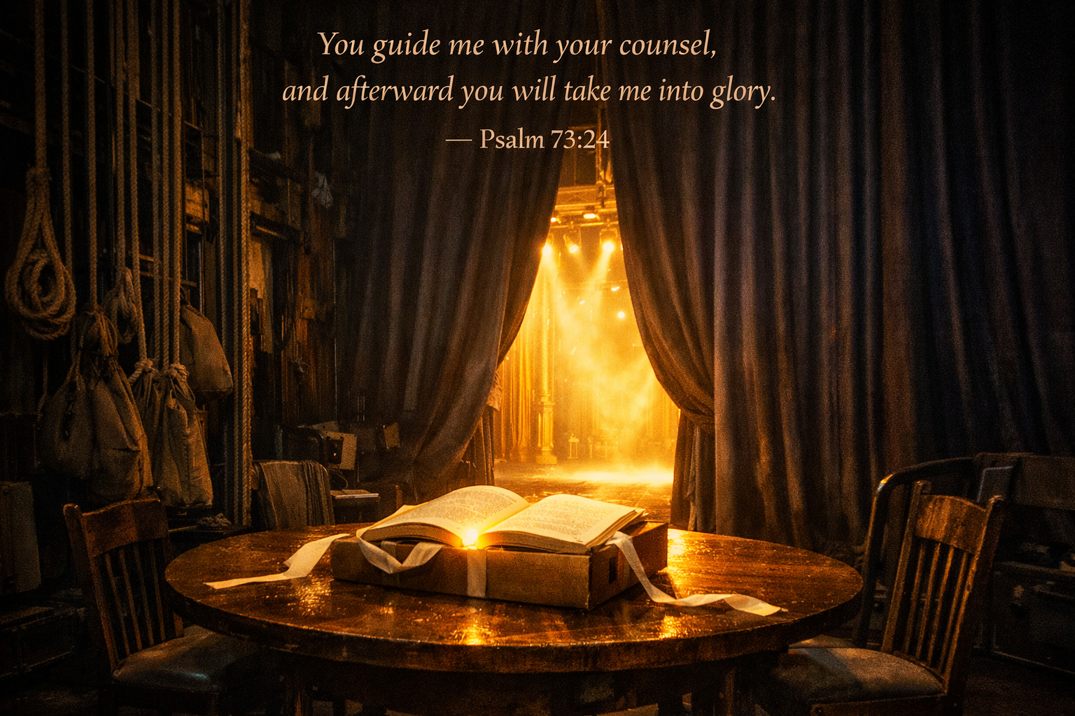 Backstage of theater with golden light visible through curtain gap — Psalm 73:24 afterward glory Bible verse wallpaper